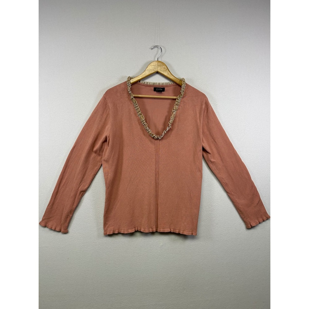 Coquette Peck & Peck Woman 1X Coral Pink Ruffle V-Neck Lettuce Edge Knit Sweater